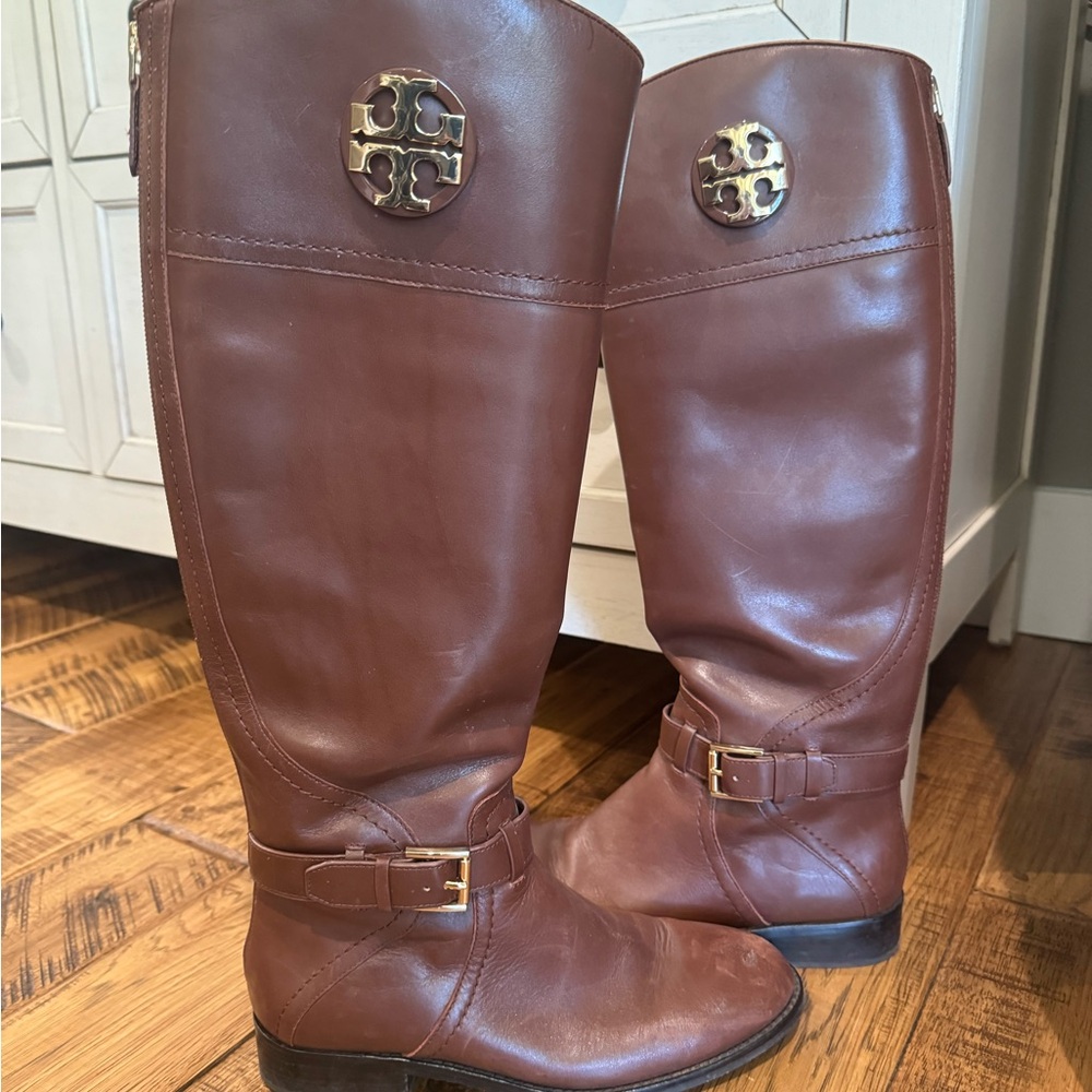 Tory Burch Brown Heeled Boots with Gold Accents